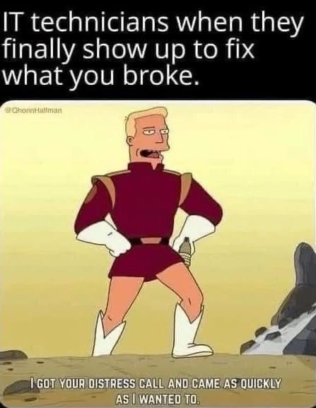 IT techs showing up to fix your mess like 'I came as soon as I wanted to.'