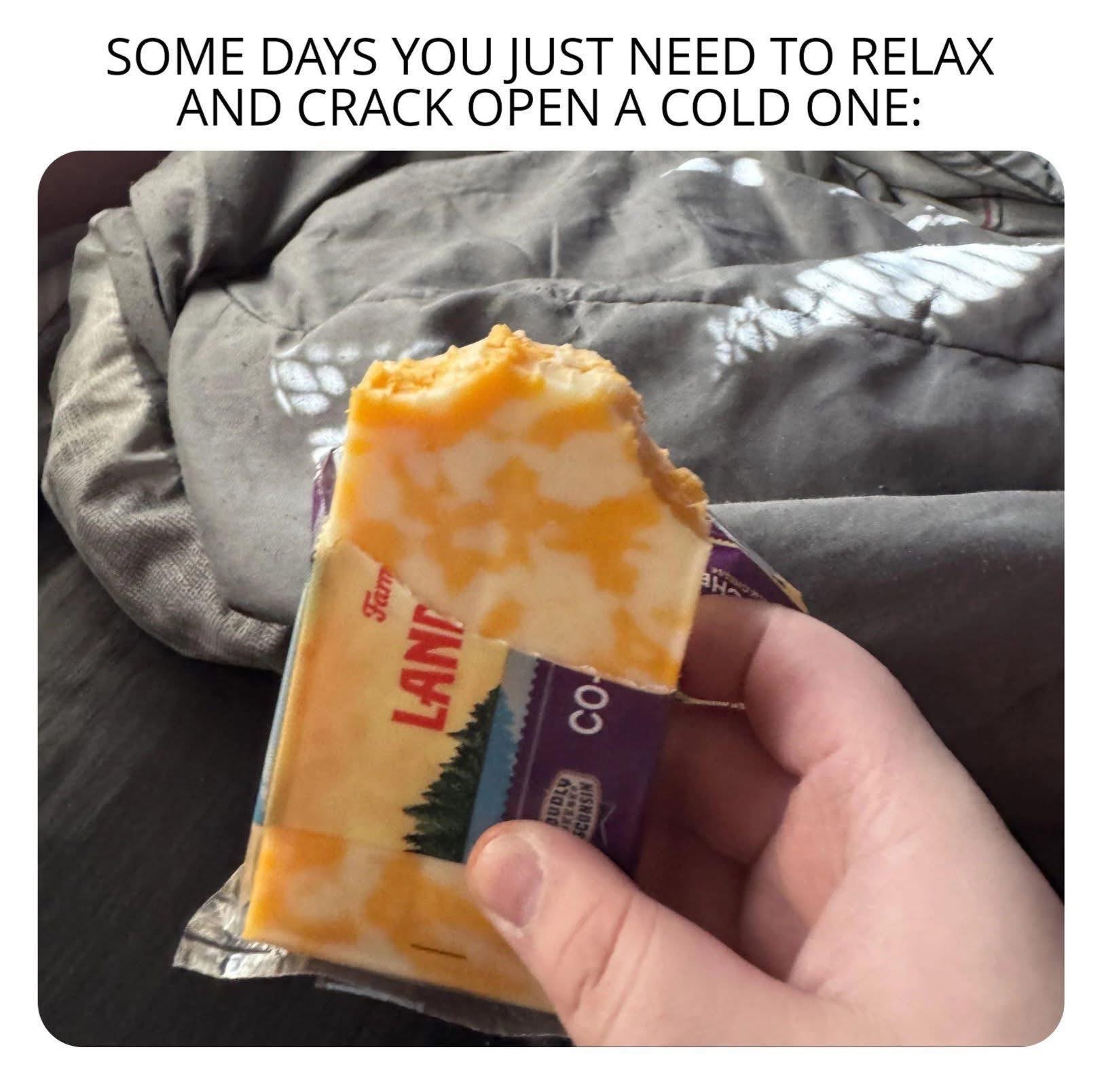 When you're trying to relax and accidentally crack open a block of cheese instead of a drink.