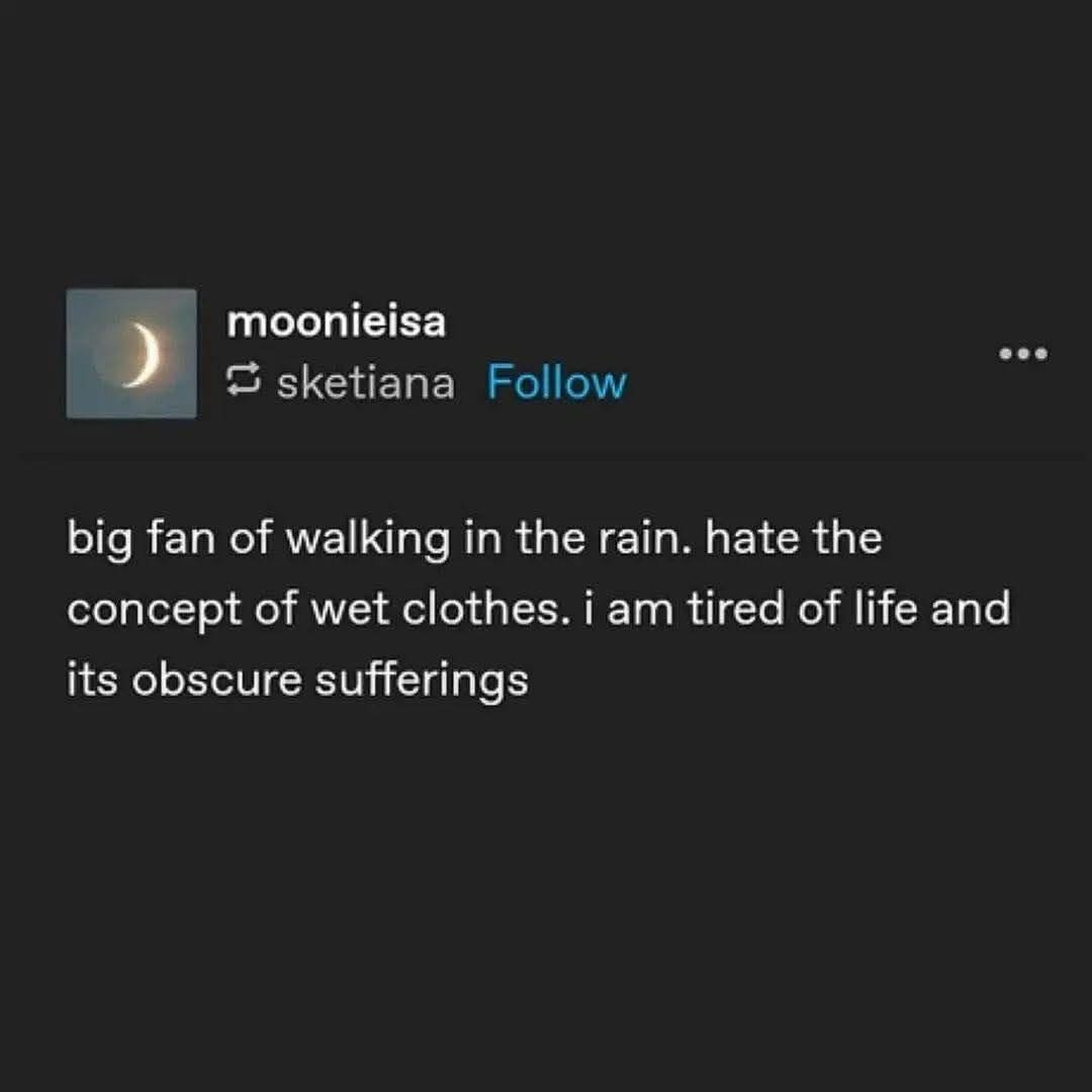 Me who loves rain but hates getting wet and also everything else