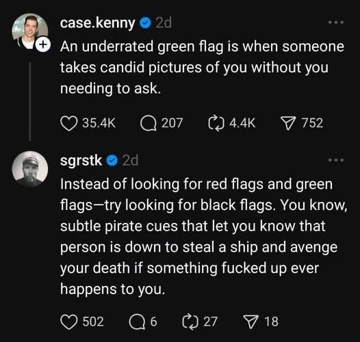 Forget red and green flags, we're looking for pirate signals that mean they'll avenge you