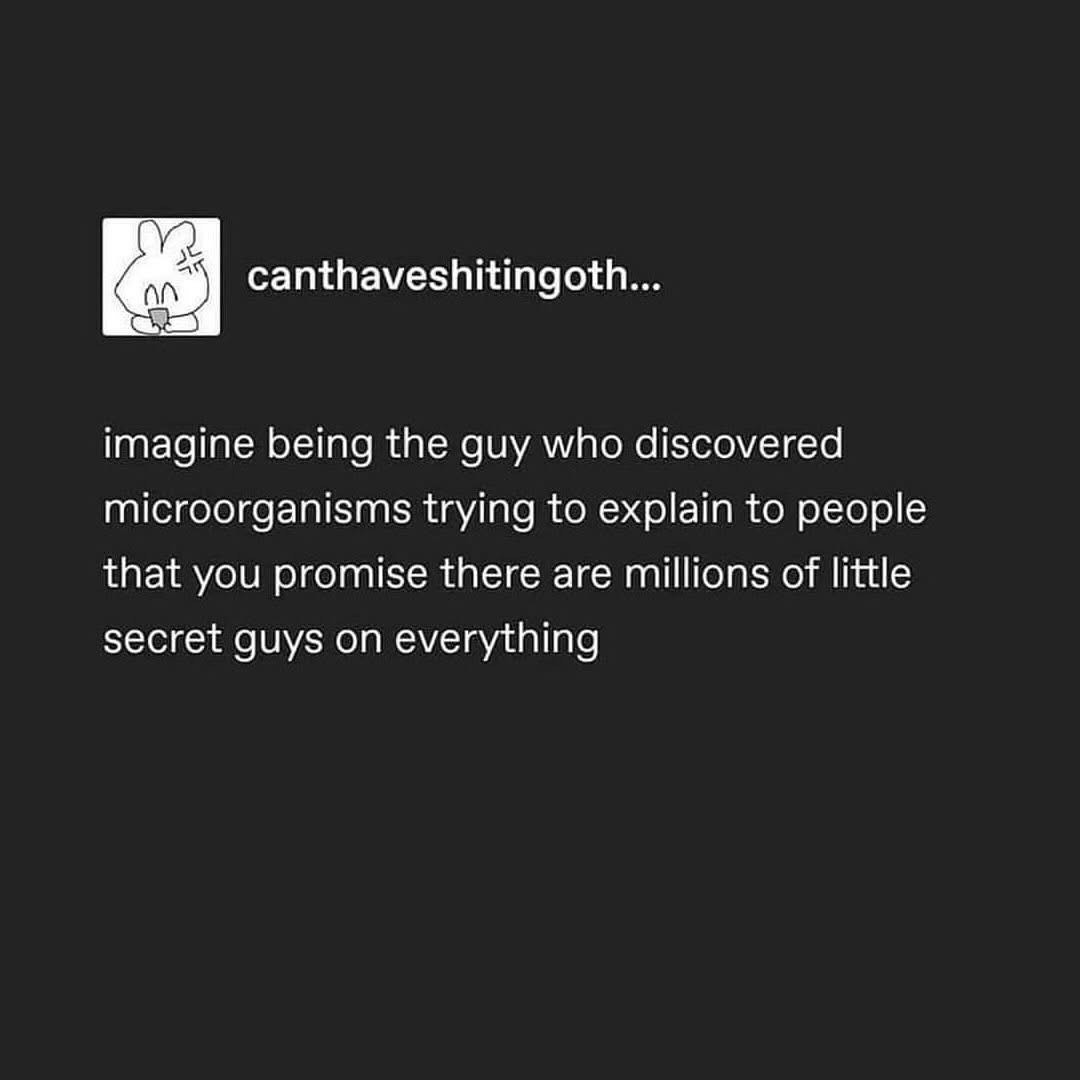 Pretty sure the first microbiologist sounded like a crazy person trying to explain all the tiny invisible guys everywhere