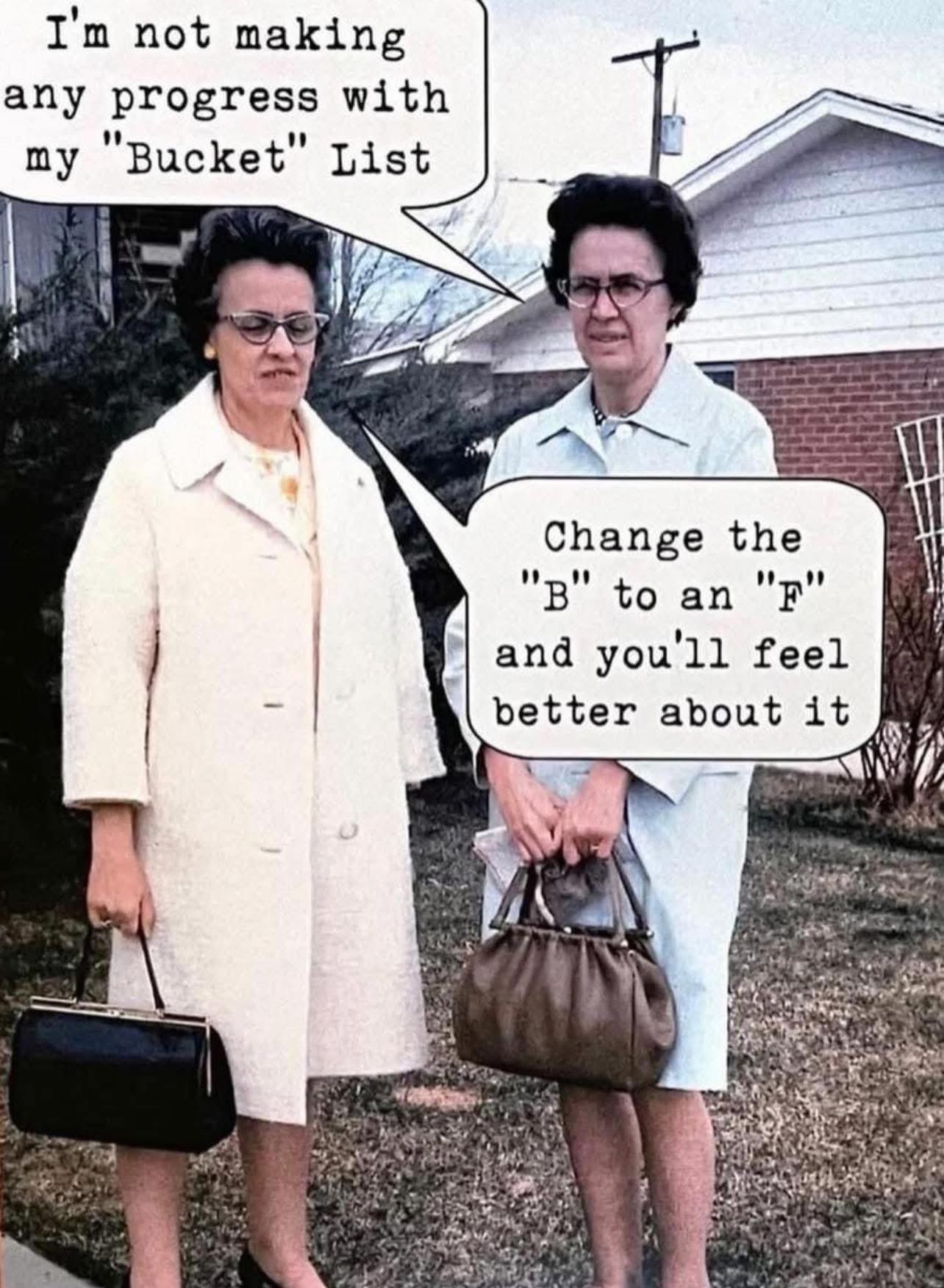 When your friend suggests changing your bucket list to an F-list so you can make more 'progress'.
