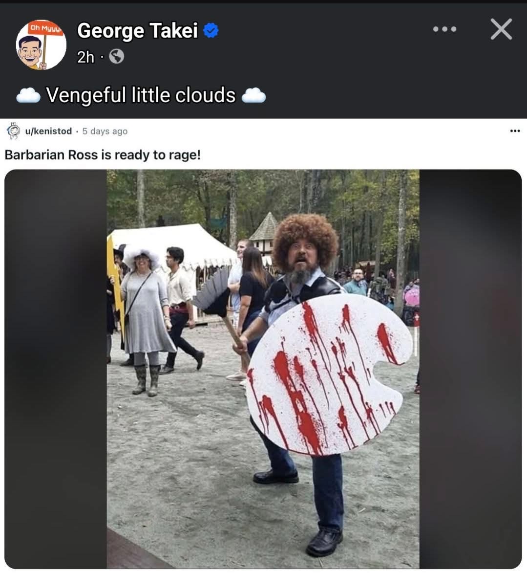 This dude looks like Bob Ross if he went to a renaissance faire as a barbarian.