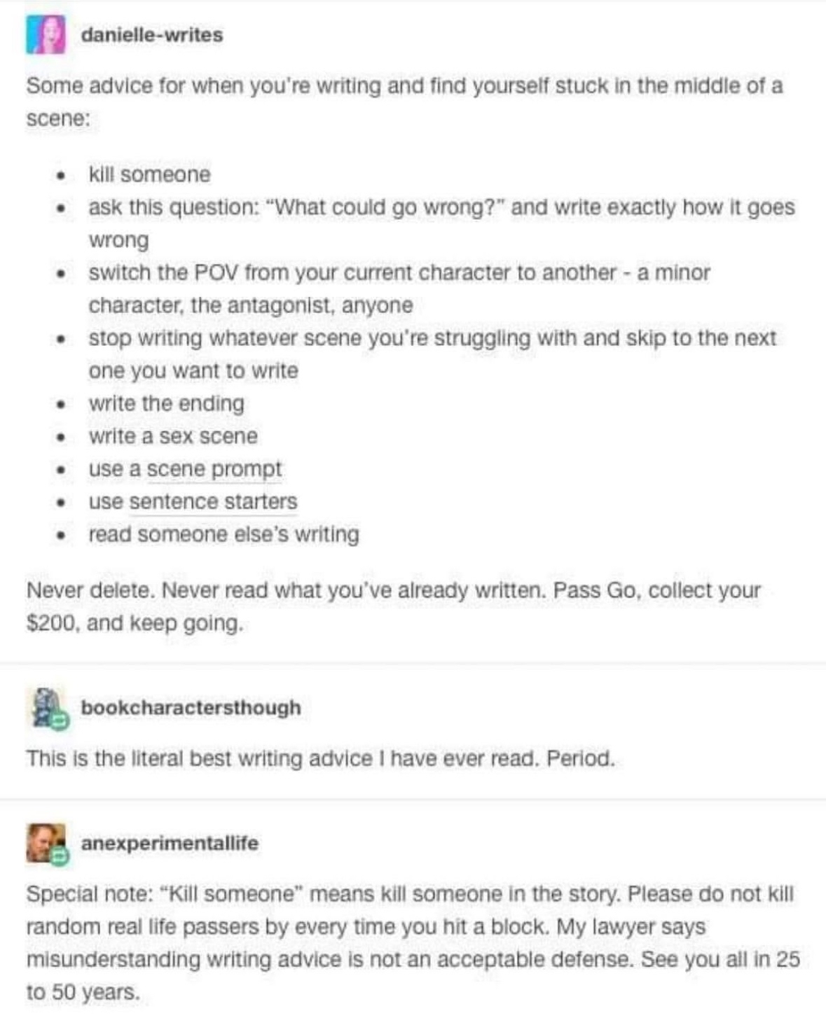 Writing advice that clearly needs a disclaimer about not actually murdering people