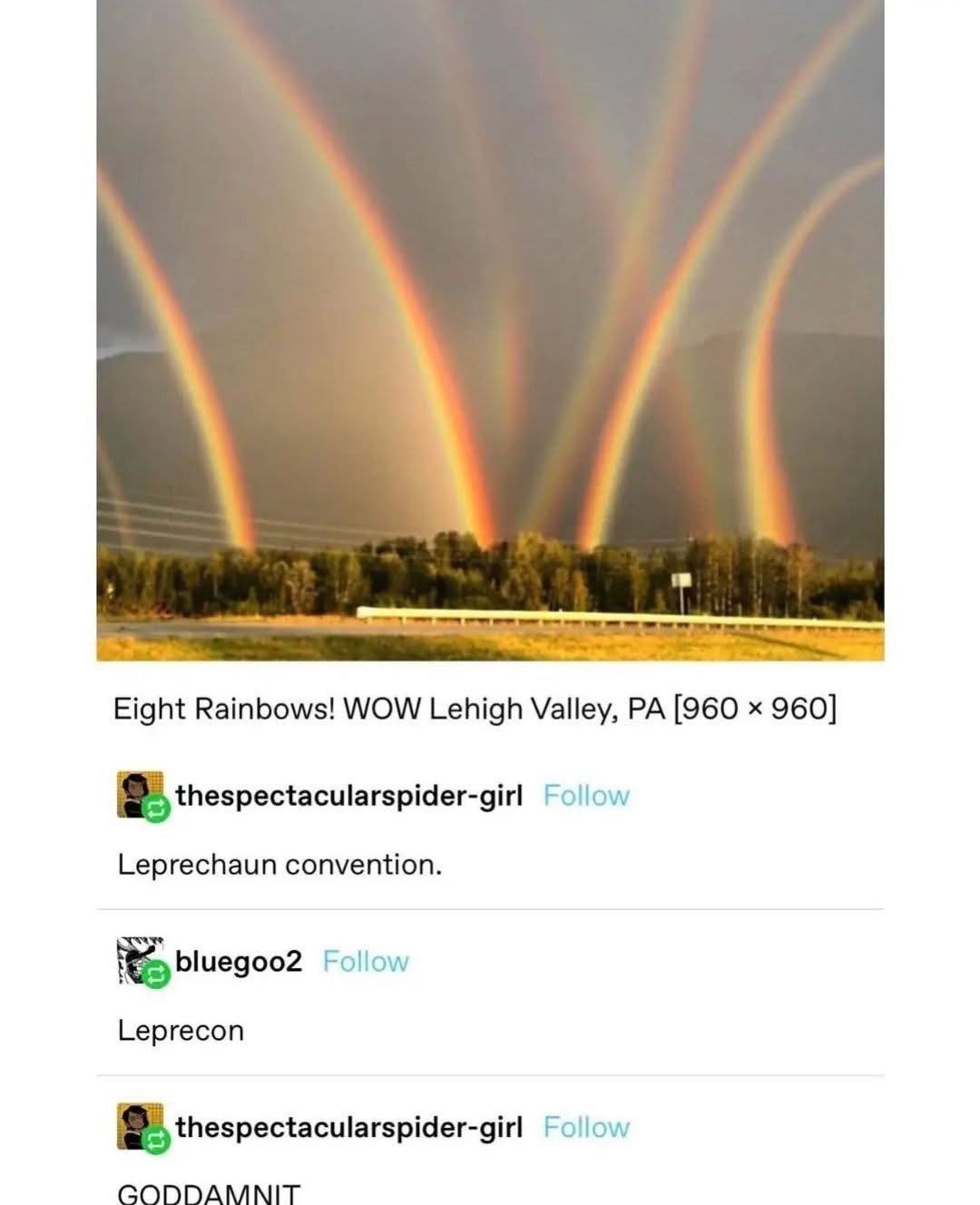 eight rainbows so this MUST mean there's a leprechaun convention happening