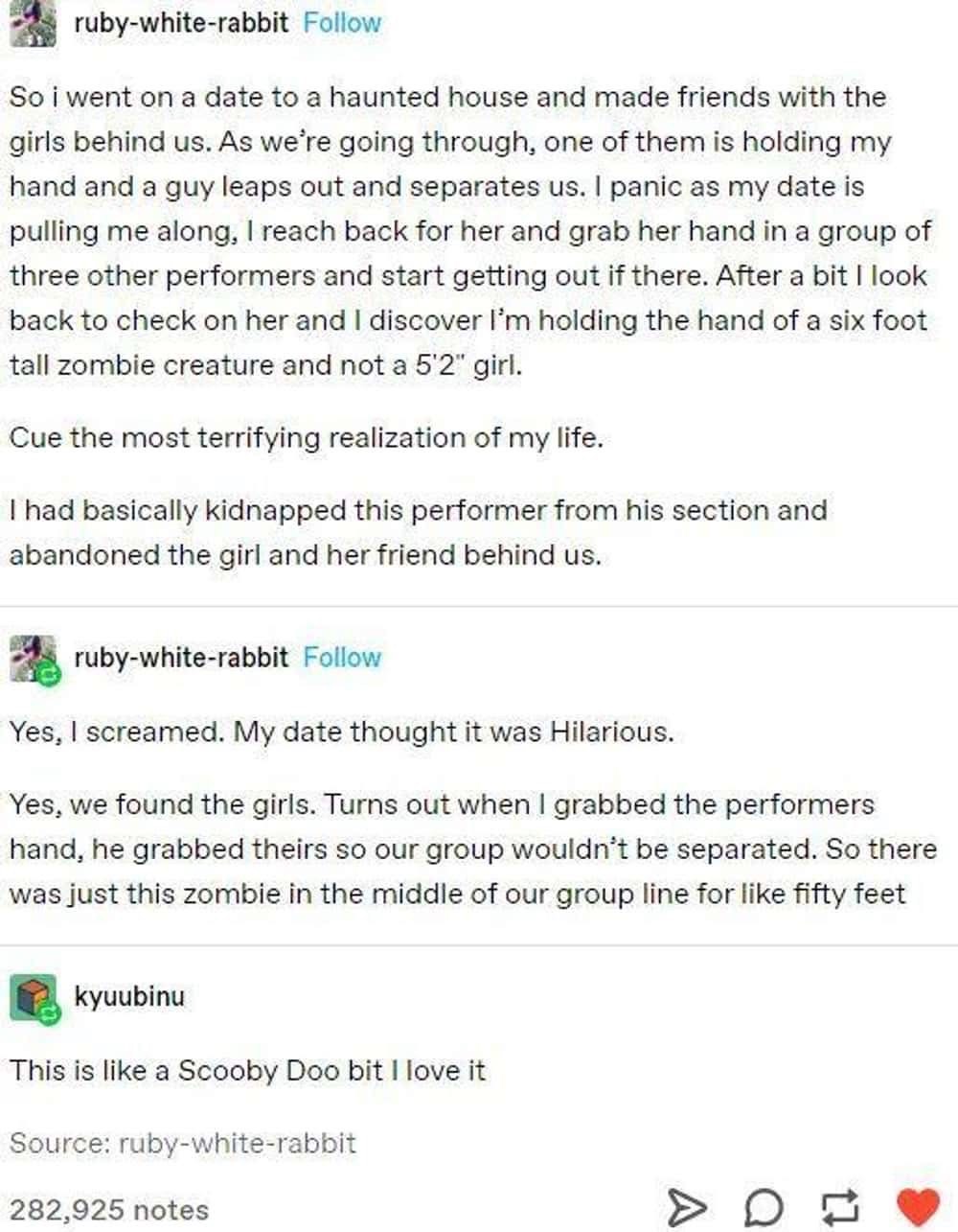 Accidentally kidnapping a haunted house actor while trying to hold my date's hand lol
