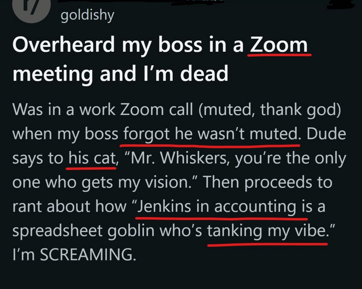 When your boss forgets he's not muted and calls the accountant a spreadsheet goblin