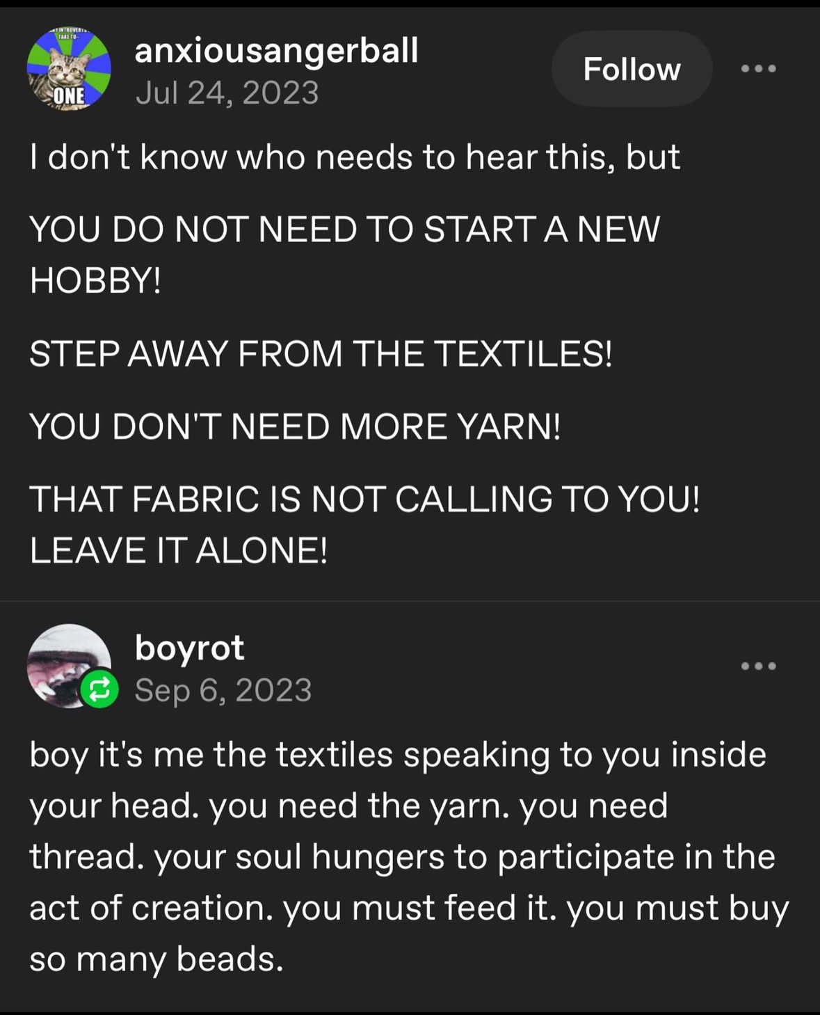 Someone telling people to stop starting new textile hobbies, and then someone else saying the textiles are talking to them and they need to buy more supplies