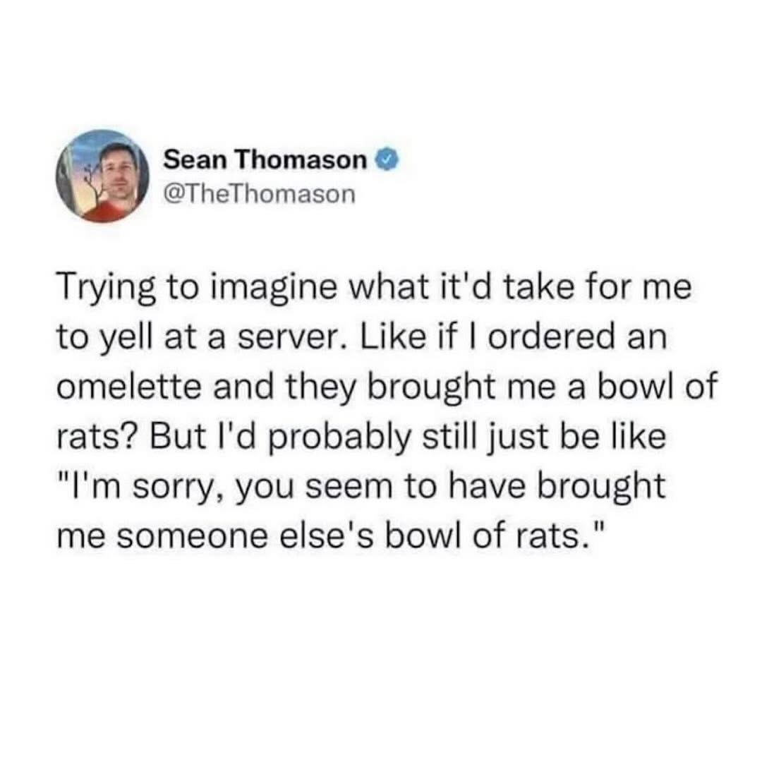 Me ordering an omelette and getting a bowl of rats, but still being too polite to complain.