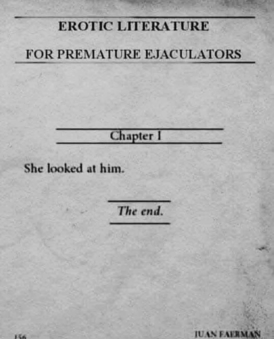 This book about erotic literature for premature ejaculators has chapter 1 and it's already the end.