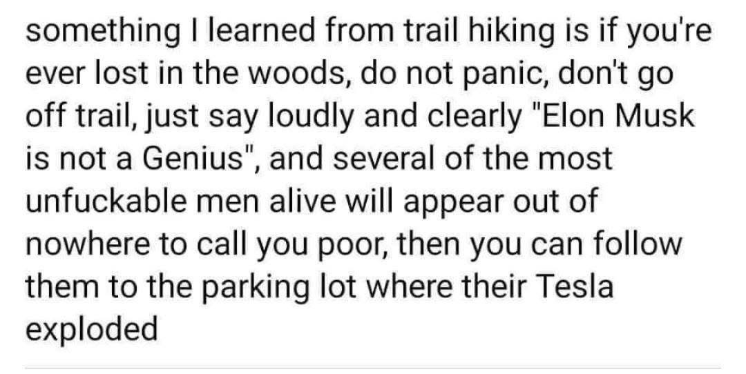 Lol, apparently if you get lost in the woods, just yell 'Elon Musk isn't a genius' and people will show up to call you poor.