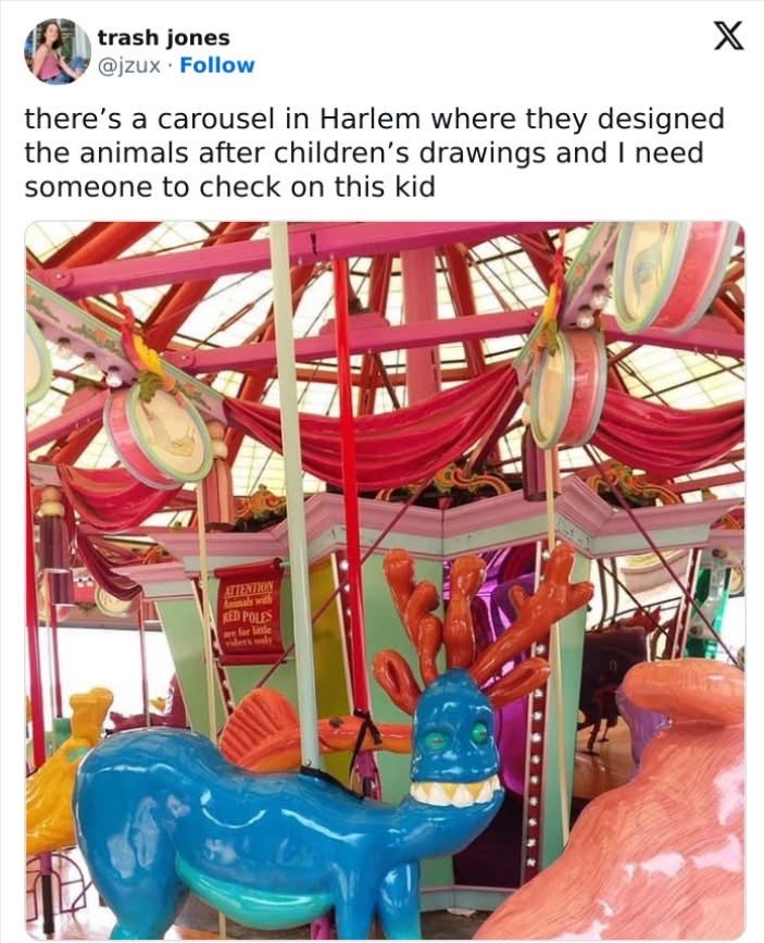 This carousel animal looks like it's seen some things thanks to a kid's drawing lol