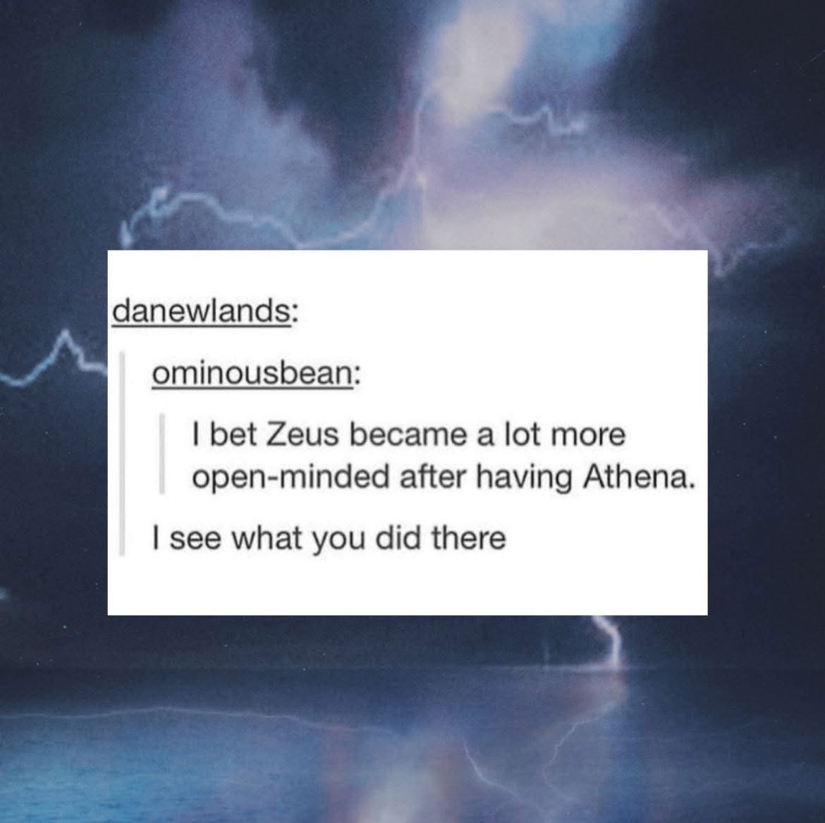 Lol, the double entendre about Zeus's head and birthing Athena is gold