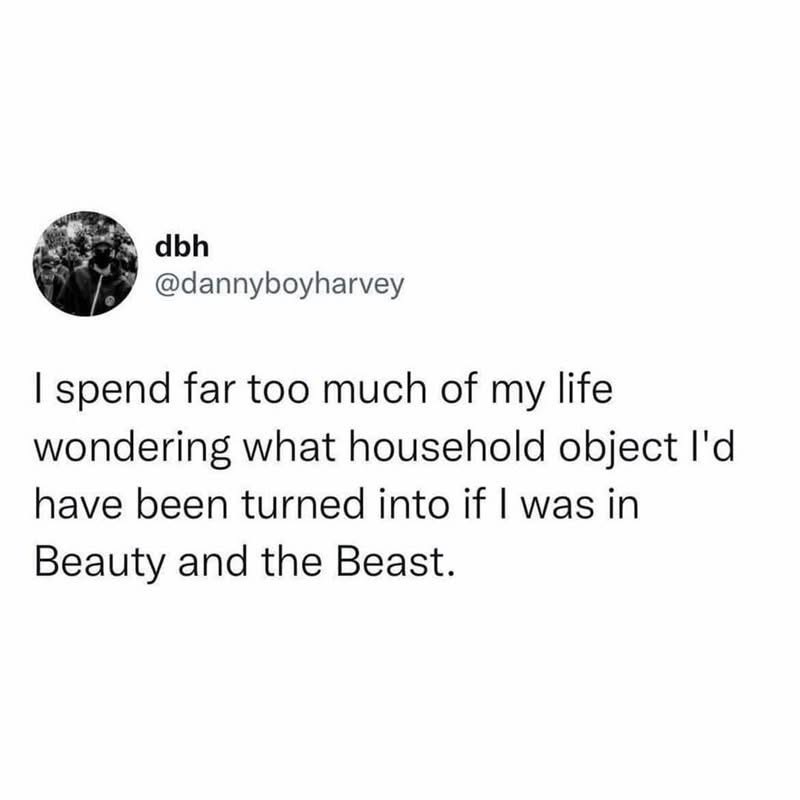 Me overthinking which cursed household object I'd become if my life was a Disney movie