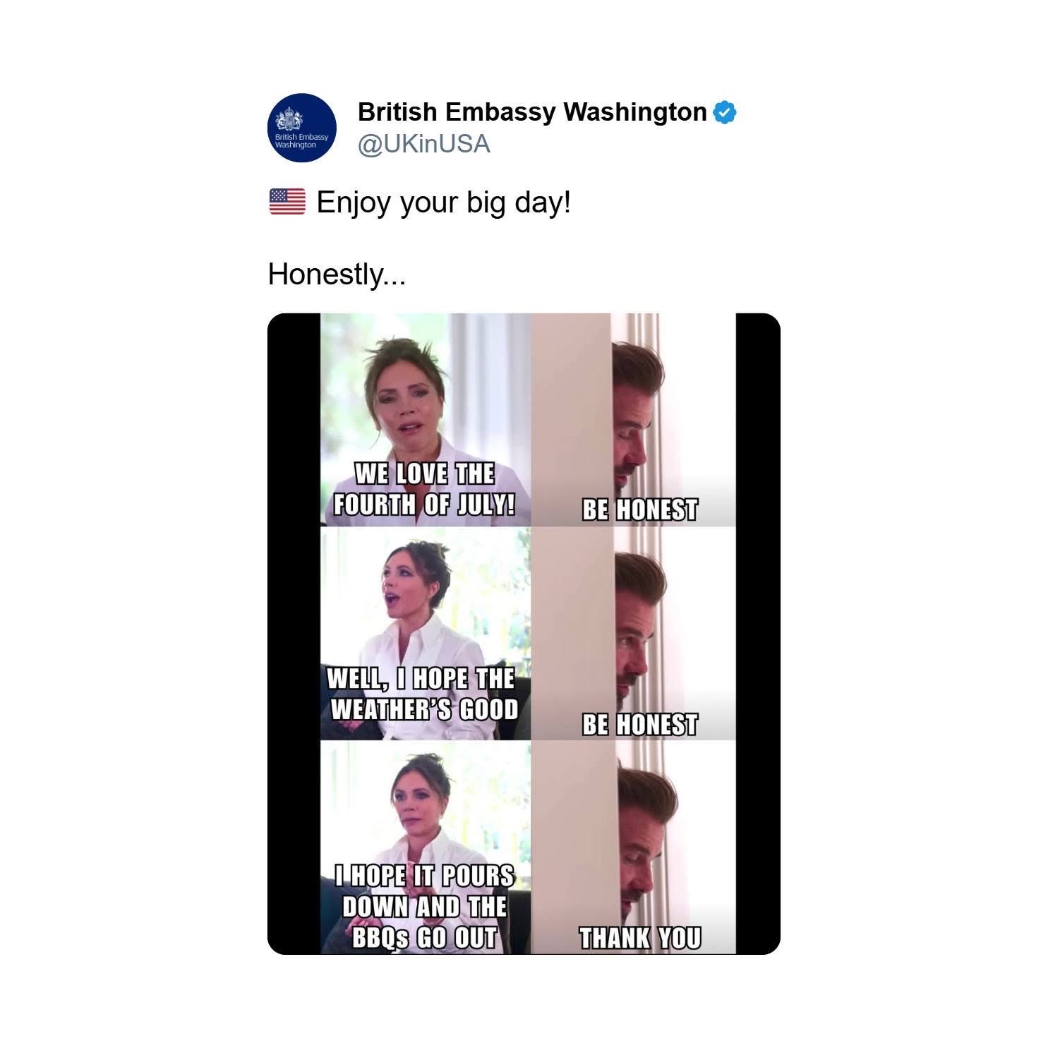 The British Embassy trying to be polite about the Fourth of July vs. Victoria Beckham's true feelings