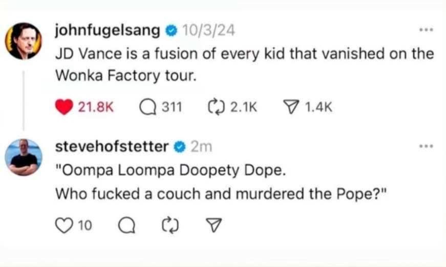 This guy is summarizing the entire JD Vance political career as a failed Oompa Loompa song. Brutal.