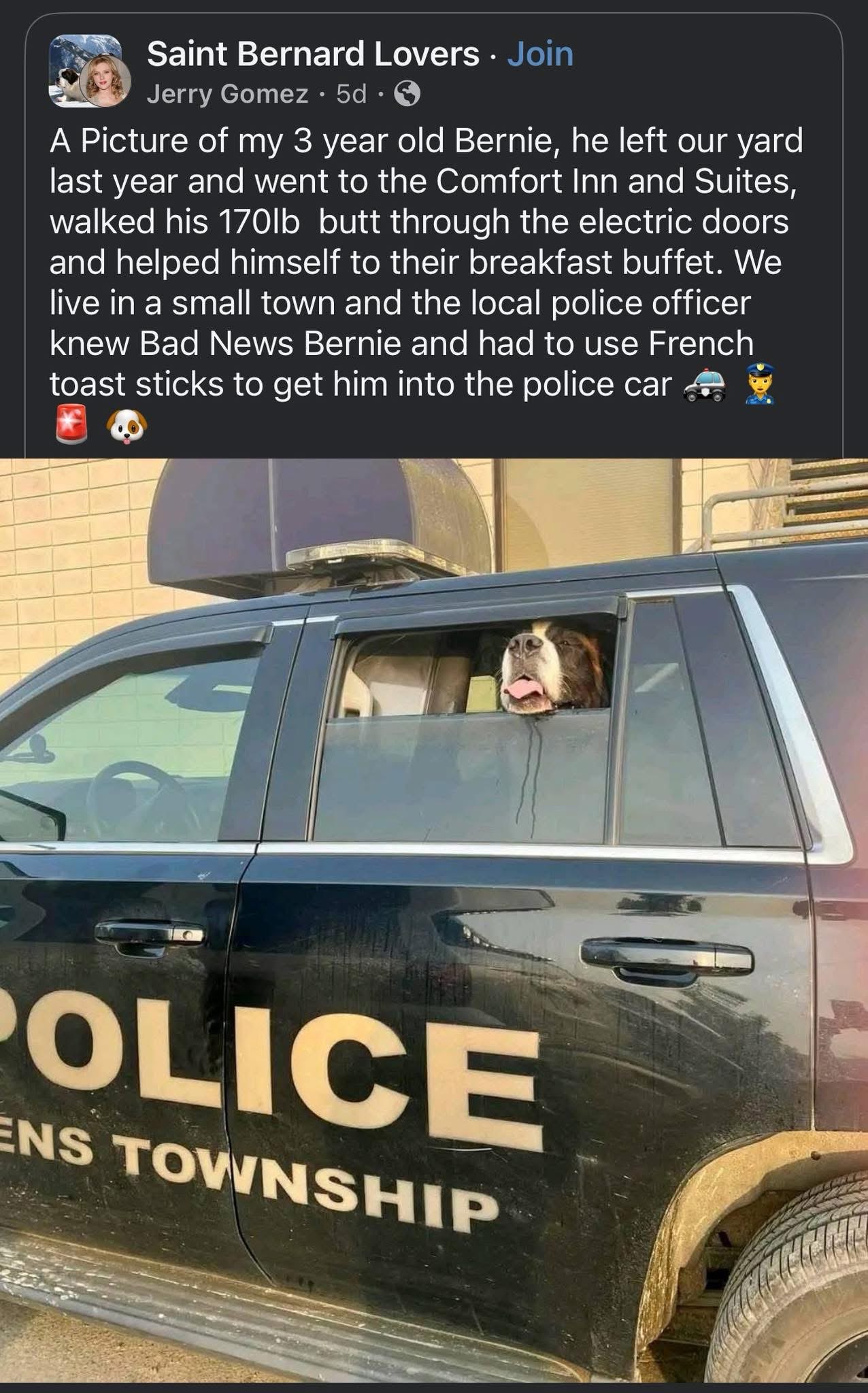 When you're such a troublemaker that the police have to bribe you with french toast to get in the car