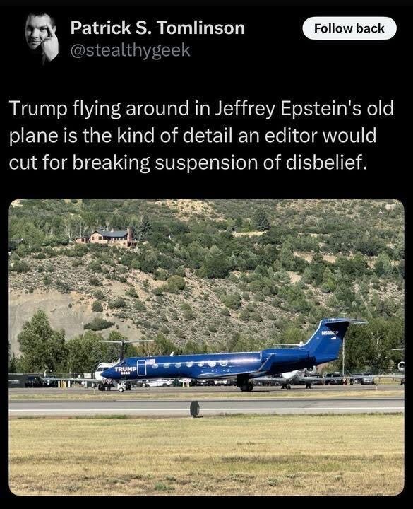 When you realize Trump has been flying in Epstein's old plane, which is totally something an editor would cut.