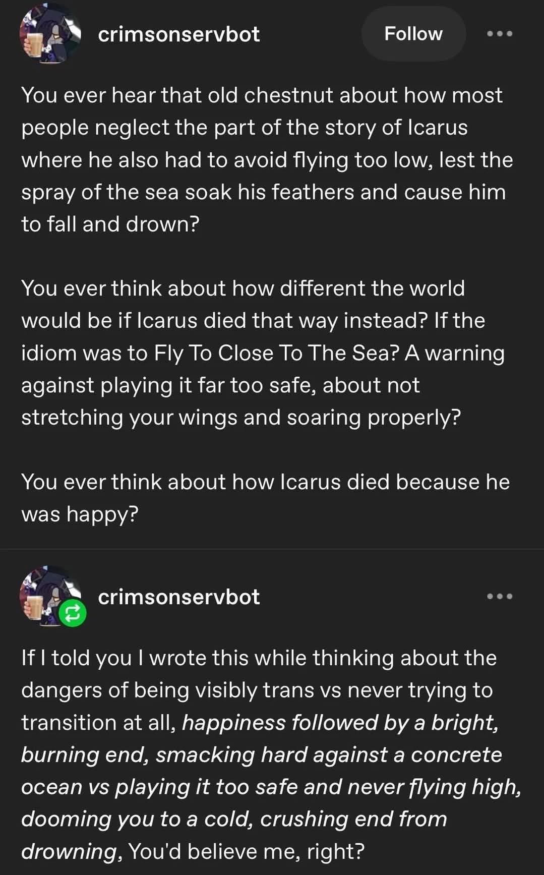 This person's Icarus reinterpretation really hit different when they revealed it's about the trans experience.