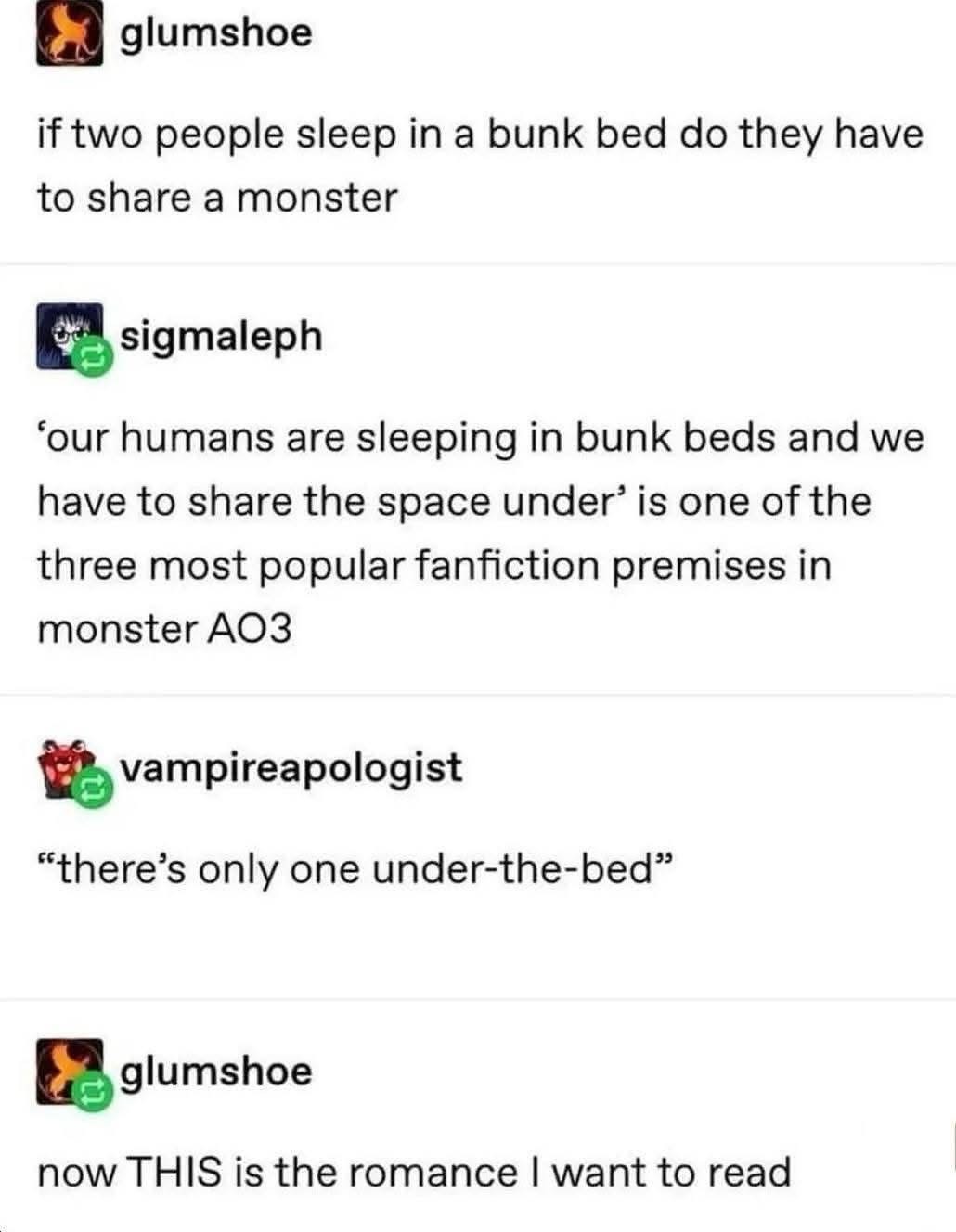 This tumblr thread took a turn and now I'm invested in monster x human romance fanfic