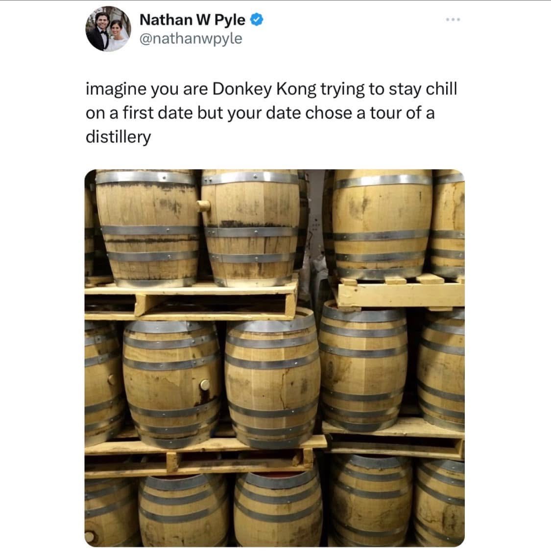 When your date picks a distillery tour for a first date and you're Donkey Kong trying to act normal