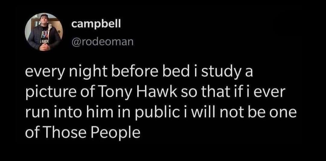 This person studies Tony Hawk pics to avoid being 'that person' if they ever meet him. Relatable.