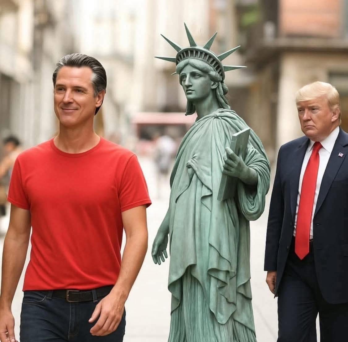Gavin Newsom walking past the Statue of Liberty while Trump trails behind her. Kinda says it all, no?