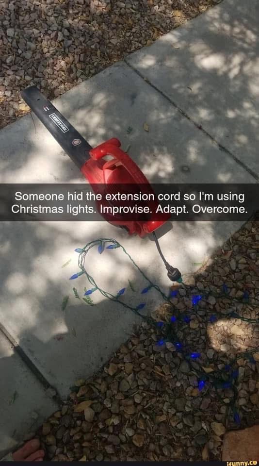 When they hide the extension cord and you gotta improvise with Christmas lights to get your leaf blower working