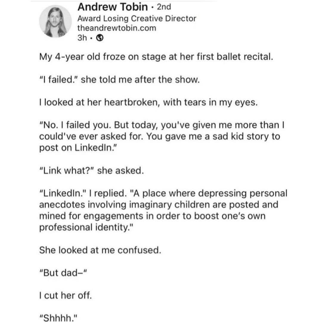 This dad is using his daughter's ballet recital fail for LinkedIn content, lol