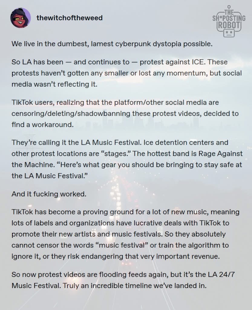Lmao people started calling ICE protests a music festival on TikTok so the algorithm couldn't censor them. We're living in a dystopia.