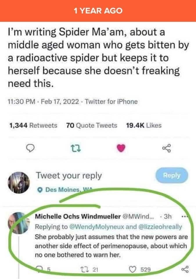 This tweet is funny because it jokes that Spider-Man would be boring if she's just a middle-aged woman and her powers are another side effect of perimenopause.