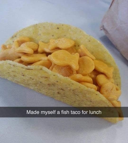 My attempt at a fish taco ended up being goldfish crackers in a tortilla. My culinary skills are questionable lol