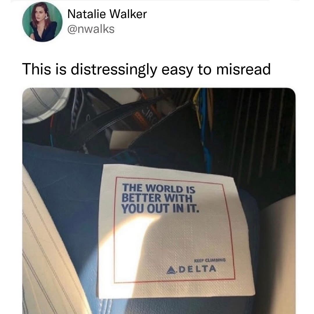 This Delta napkin is accidentally printed with a really dark message
