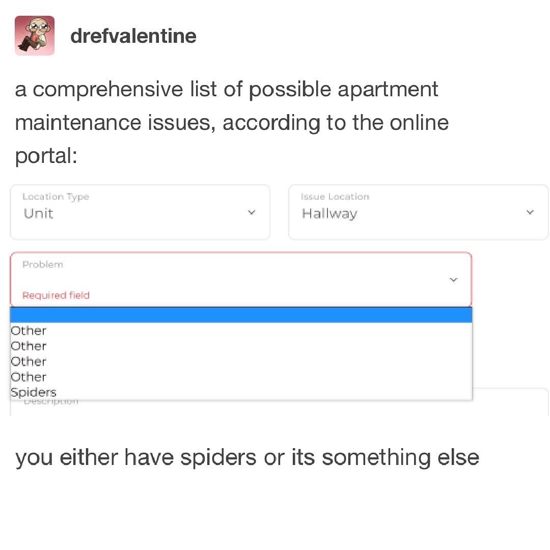 When the only option for apartment maintenance is spiders or... something else.