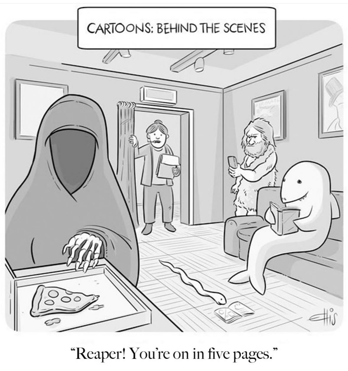 The Grim Reaper is chilling with pizza, but apparently he's on a tight schedule.