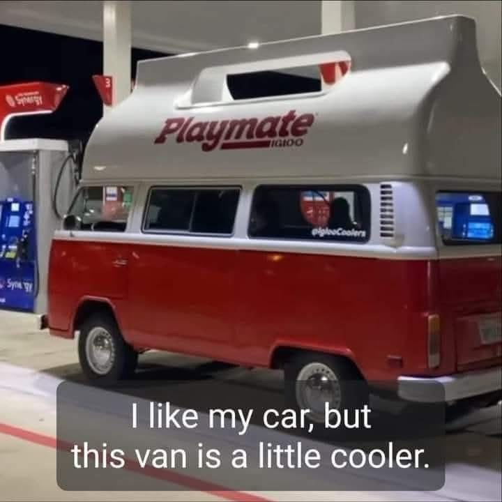 So this van looks like a giant lunchbox legit chilling at the gas station. I bet it keeps your drinks ice cold