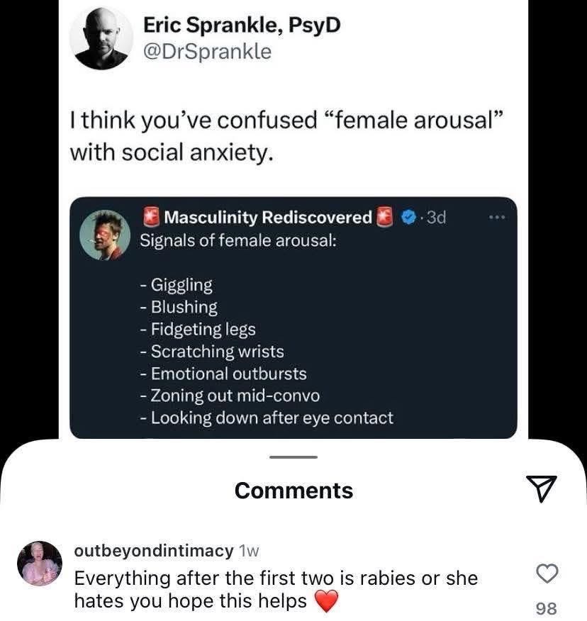 Someone mistook social anxiety for female arousal, and the comments shut that down so fast lol