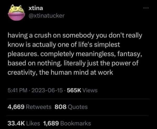 tbh having a crush on a stranger is peak human creativity lol