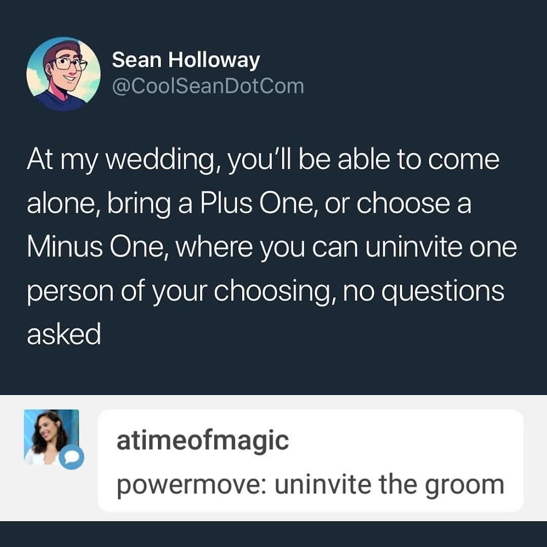 This wedding invite has options: come alone, bring a plus one, or... uninvite someone with a 'Minus One'. LOL, who would you pick?