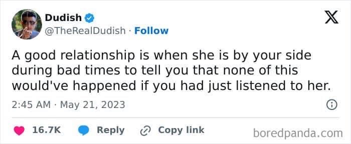 When your partner tells you 'I told you so' during a crisis