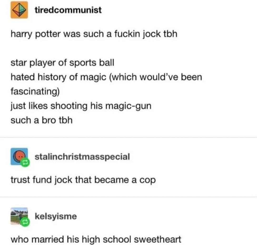 It's hilarious how they're describing Harry Potter like he's a trust fund jock who became a cop.