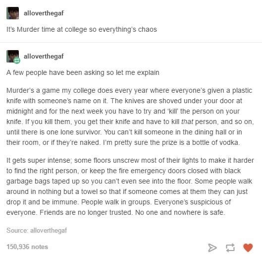 My college's annual "murder" game sounds like a low-budget horror movie where the prize is vodka.