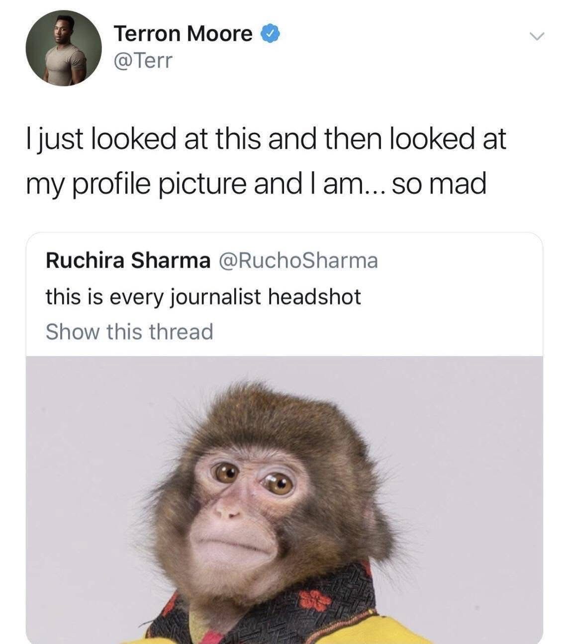 When you realize your profile pic has the same energy as a monkey looking slightly confused