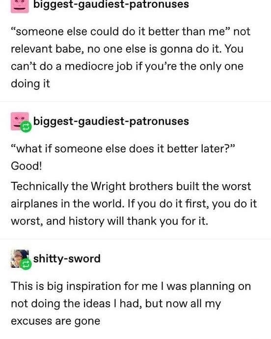 This whole thread is basically saying 'just do the thing, it's better than doing nothing, even if it's bad'. The Wright brothers example is spot on lol
