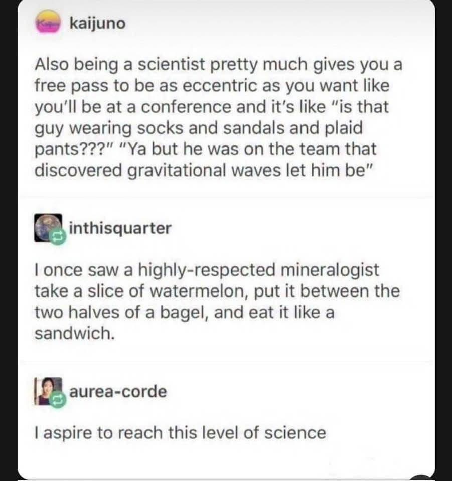 Basically, scientists get a free pass to be weird because they might discover something important, like a watermelon bagel sandwich.