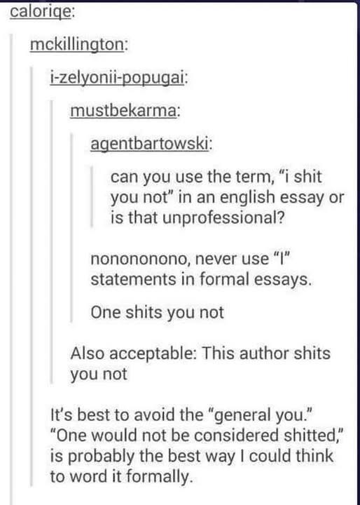 When someone asks if you can use 'I shit you not' in an essay, but the answer is 'one shits you not'.