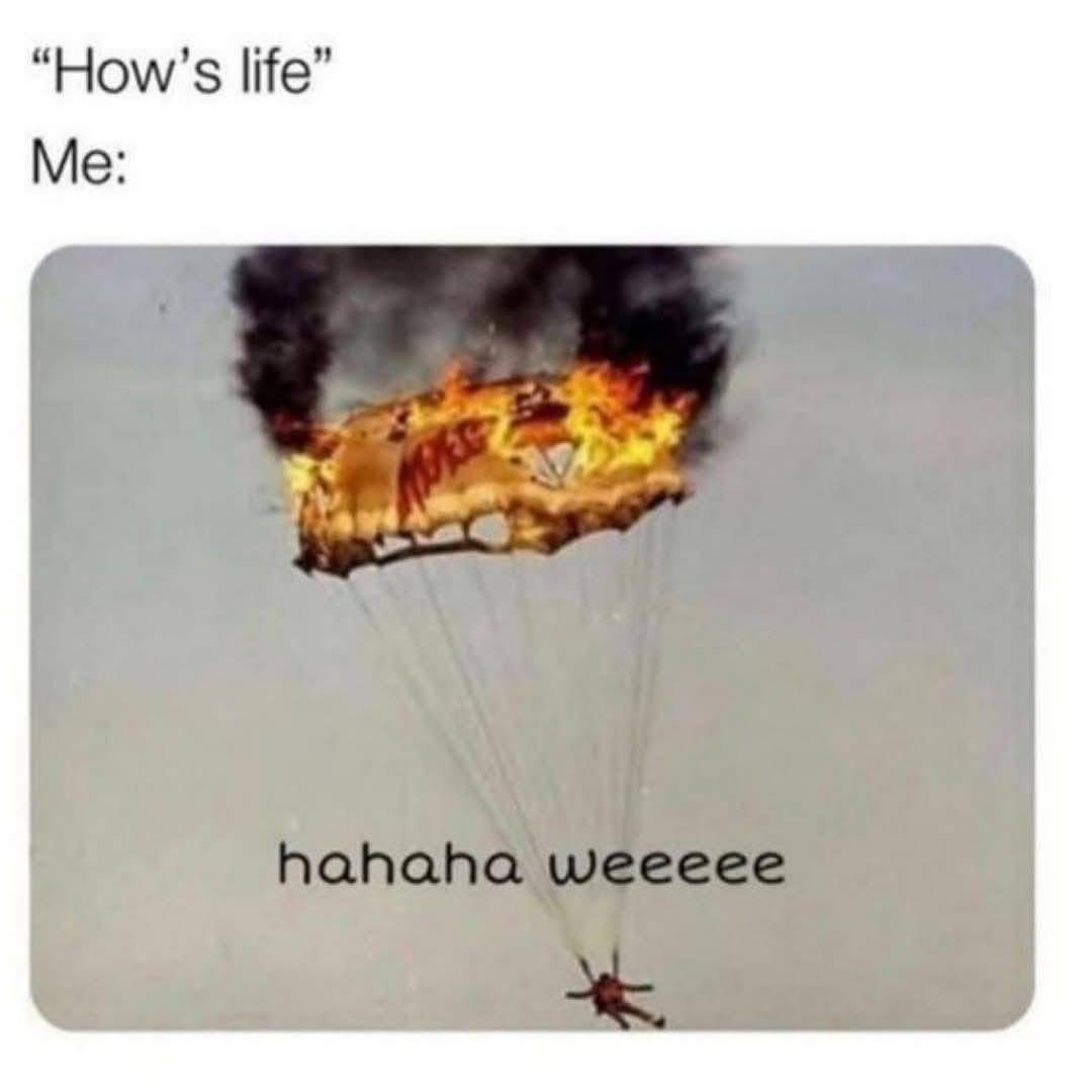 "How's life" / Me: *parachuting from a burning car*