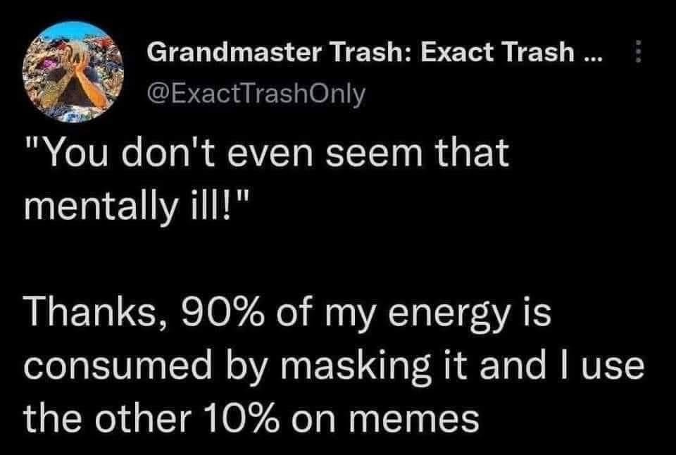 When someone compliments your masking skills but you're really just using all your energy to avoid a complete breakdown and scroll through memes.