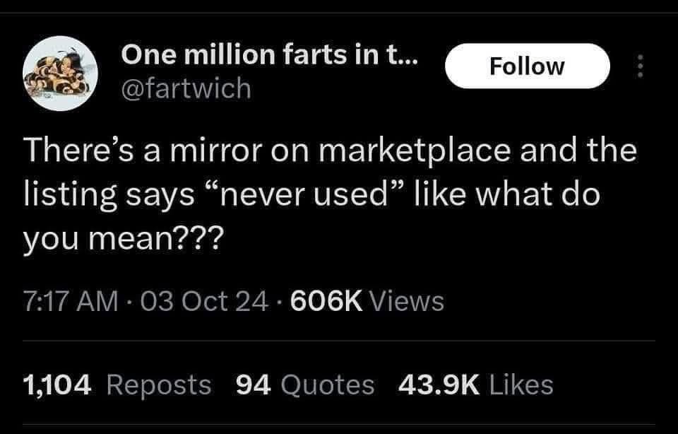 Me seeing a mirror listed as 'never used' on Marketplace, like what else would it be?
