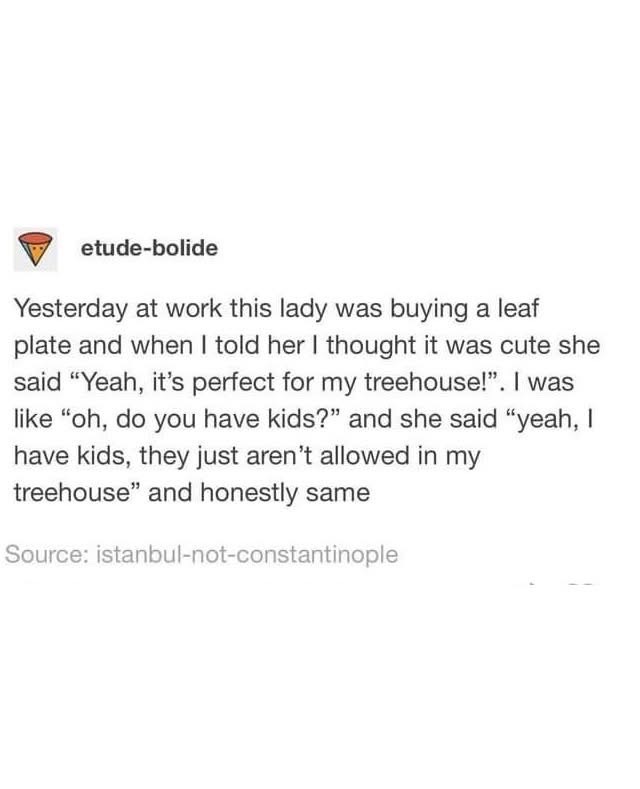 This lady has kids, they just aren't allowed in her treehouse.  Honestly same.